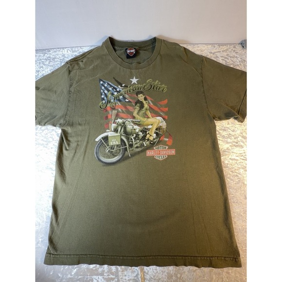 Harley-Davidson Other - Harley Davidson T Shirt Men Large Green American Star Pin Up Biker Graphic Y2K